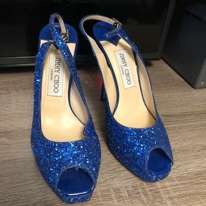 Jimmy Choo Peep Toe Blue Glitter Slingback Pump